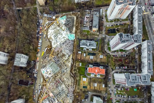 Top view of the city of Moscow, buildings and roads and other infrastructure of the city. Cityscape view from above.