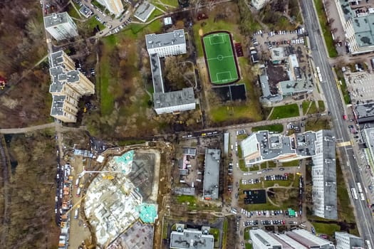 Top view of the city of Moscow, buildings and roads and other infrastructure of the city. Cityscape view from above.