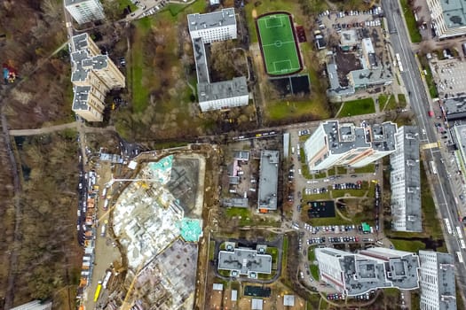 Top view of the city of Moscow, buildings and roads and other infrastructure of the city. Cityscape view from above.