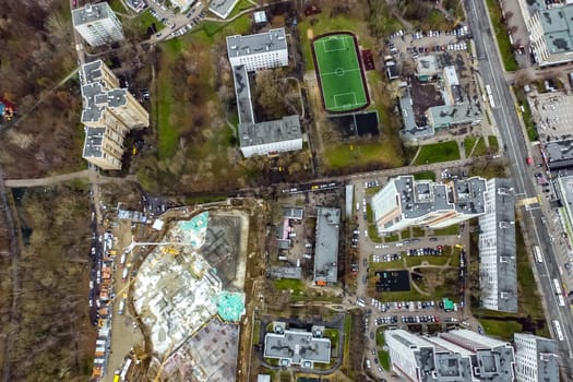 Top view of the city of Moscow, buildings and roads and other infrastructure of the city. Cityscape view from above.