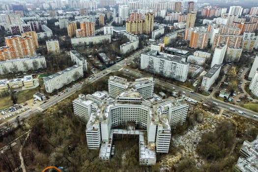Top view of the city of Moscow, buildings and roads and other infrastructure of the city. Cityscape view from above.