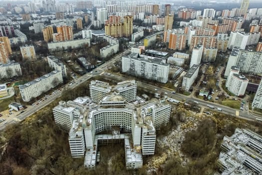 Top view of the city of Moscow, buildings and roads and other infrastructure of the city. Cityscape view from above.
