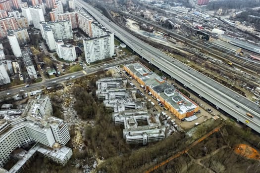 Top view of the city of Moscow, buildings and roads and other infrastructure of the city. Cityscape view from above.