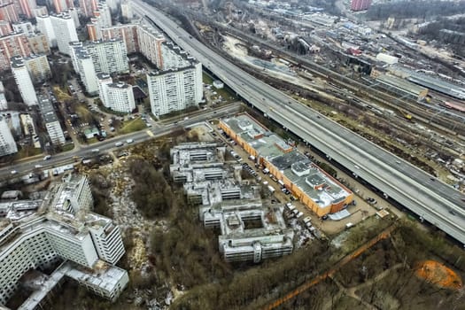 Top view of the city of Moscow, buildings and roads and other infrastructure of the city. Cityscape view from above.