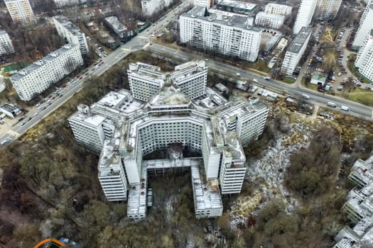Top view of the city of Moscow, buildings and roads and other infrastructure of the city. Cityscape view from above.