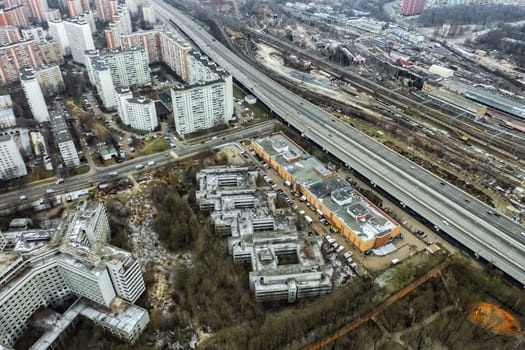 Top view of the city of Moscow, buildings and roads and other infrastructure of the city. Cityscape view from above.