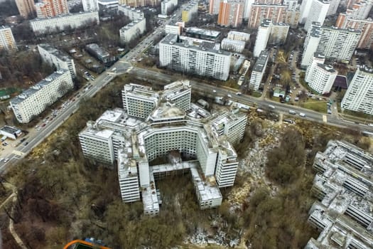 Top view of the city of Moscow, buildings and roads and other infrastructure of the city. Cityscape view from above.