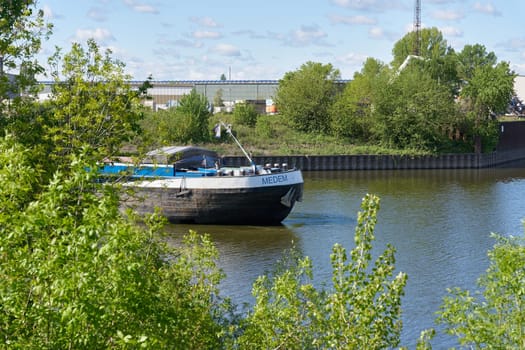 The barge, cargo ship Medem in the Zweigkanal in the port of Magdeburg in Germany