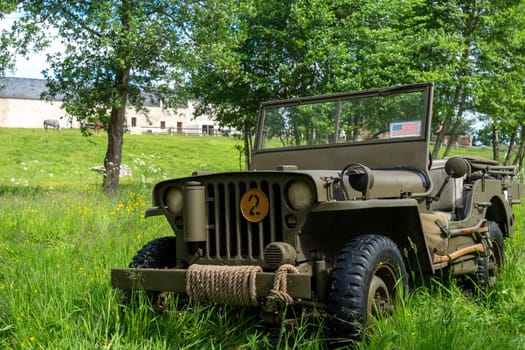 world war two jeep in the Normandy countryside