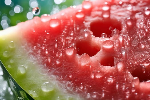Close-up shot of a refreshing watermelon slice being bitten into, with water droplets glistening on the fruit.