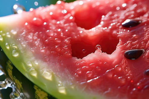 Close-up shot of a refreshing watermelon slice being bitten into, with water droplets glistening on the fruit.