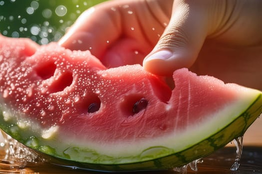 Hand holding a slice of fresh watermelon, close-up. Summer juicy fruits.