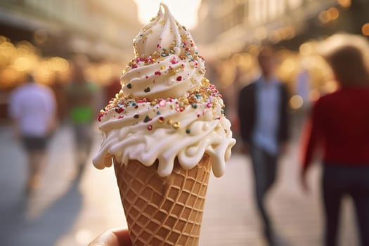 Close-up of a melting ice cream cone with vibrant sprinkles and a blurred background of people enjoying outdoor activities.