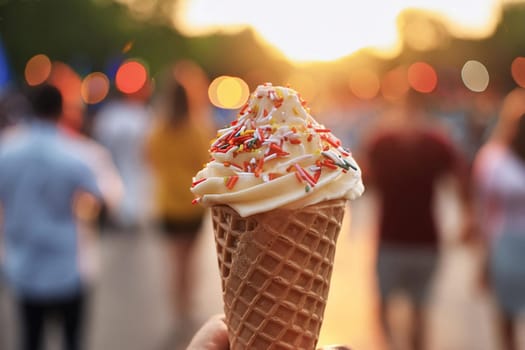 Close-up of a melting ice cream cone with vibrant sprinkles and a blurred background of people enjoying outdoor activities.