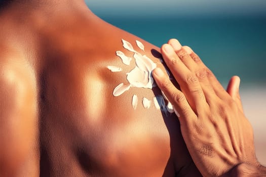 Hand of man applying sunscreen on man's back on beach.