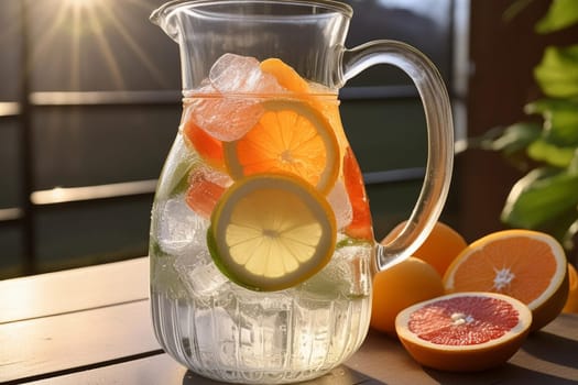 Close-up of refreshing fruit-infused water pitcher with ice cubes and slices of citrus fruits on table on balcony terrace in the sunlight.