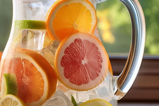 Close-up of a refreshing fruit-infused water pitcher with ice cubes and slices of citrus fruits.
