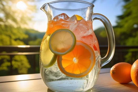 Close-up of refreshing fruit-infused water pitcher with ice cubes and slices of citrus fruits on table on balcony terrace in the sunlight.