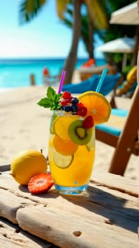 glass of refreshing drink with slices of fruit and decoration on a wooden beach table close-up, next to a sun lounger on a sandy beach, beautiful tropical beach in the background, sea, warm sunny day on a trip.