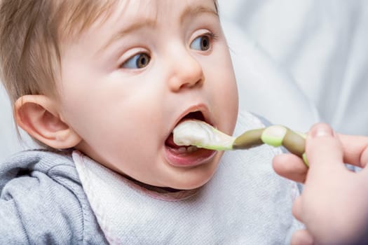 Baby girl wearing a bib is being fed with a spoon, she is opening her mouth and looking away with a curious expression