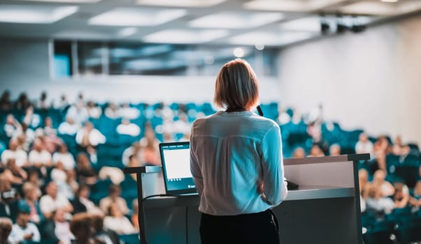 Female speaker giving a talk on corporate business conference. Unrecognizable people in audience at conference hall. Business and Entrepreneurship event