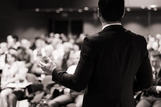 Speaker at Business Conference with Public Presentations. Audience at the conference hall. Entrepreneurship club. Rear view. Horisontal composition. Background blur.