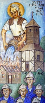 Saint Florian, the patron saint of firefighters, fresco in the Parish Church of the Sacred Heart of Jesus in Ivanovo Selo, Croatia