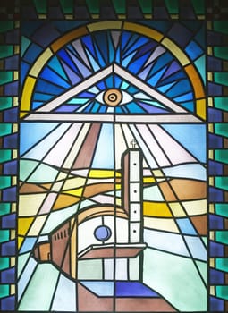 Stained glass window in the parish church of the Exaltation of the Holy Cross in Kerestinec, Croatia