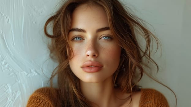 Close-up portrait of a young woman with blue eyes, freckles and long hair, exuding natural beauty and serene facial expression