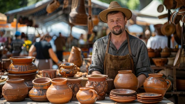 a young Artisan in a straw hat selling his pottery at the fair. In the background are other handicrafts and stands.
