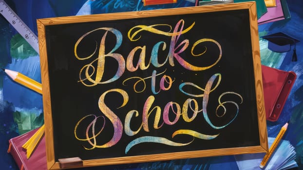A vibrant illustration of a chalkboard with ,Back to School, written in colorful, artistic letters, surrounded by school supplies like pencils, books, and a ruler.