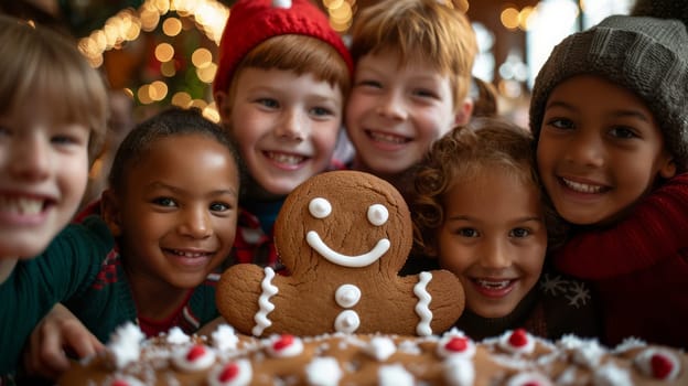A diverse group of children is holding a large gingerbread in the shape of a little man, with a festive scene of the Christmas market in the background.