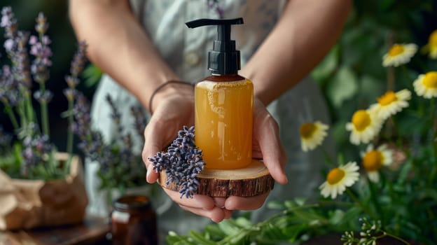 A bottle of lotion with a pump in the hands of a woman, fresh lavender and chamomile, other natural elements. Spa concept and body health
