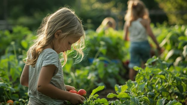Family scene on farm, girl picking tomatoes