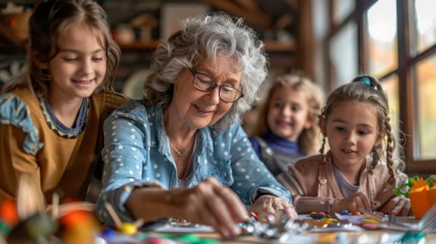 Grandmother with grandchildren makes crafts using a variety of colorful materials and creative crafts.