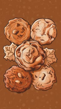 Illustration of five baked goods with autumnal colors, accompanied by leaf motifs, set against a brown background with subtle decorative patterns.