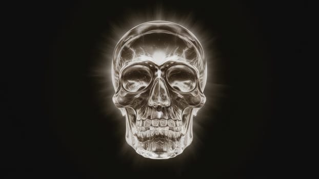 A detailed image of a glowing crystal skull against a dark background, emanating an eerie, mystical light.