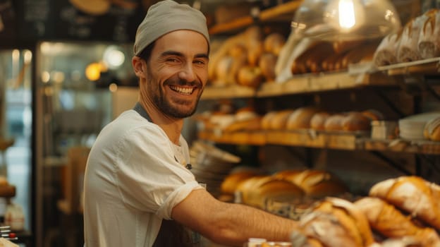 The baker takes fresh bread out of the oven and smiles at the customer. The atmosphere is filled with the aroma of fresh pastries and warmth.
