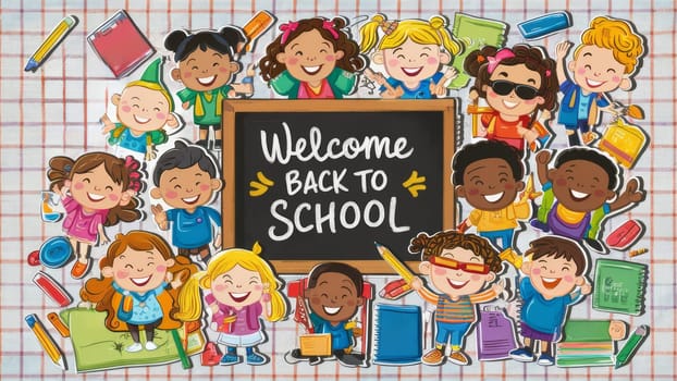 Colorful, cartoon-style children and school supplies surround a chalkboard with ,Welcome Back to School, text.