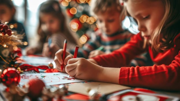 Close-up of children concentrating on writing and drawing Christmas cards, with holiday decorations around them.
