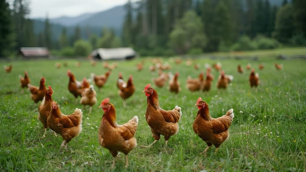 Chickens roam freely on a lush green field.