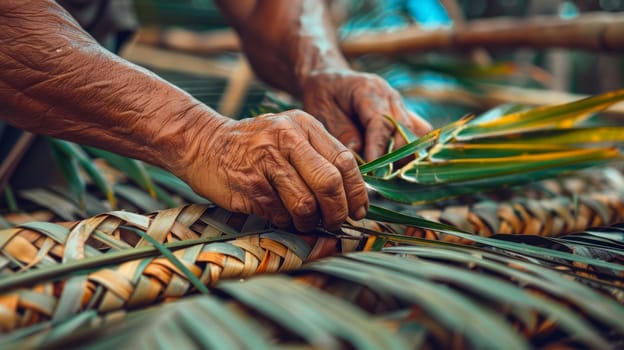 Weaving a rug from reeds dyed in different colors.lost crafts