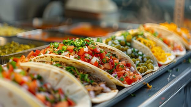 A close-up of gourmet tacos cooked in a row with colorful toppings, with fresh ingredients and in the background.