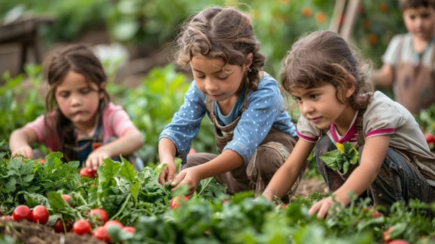 Family scene on farm, children picking tomatoes, farming together