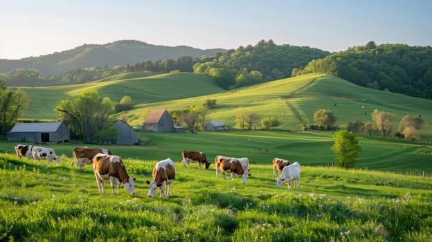 A small dairy farm with cows grazing on a green pasture under a clear blue sky.