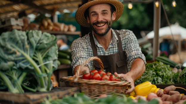 Portrait of a man holding a basket full of freshly picked tomatoes picked from his farm. A scene at a picturesque rural farmer's market.