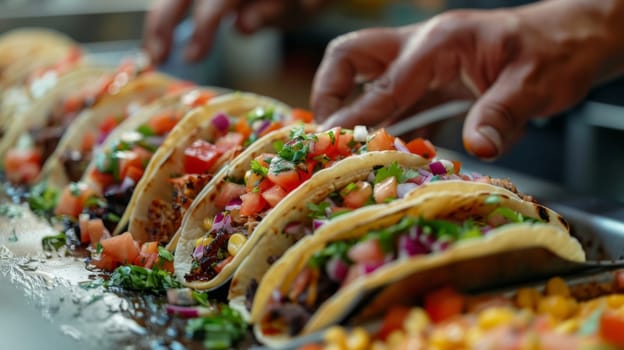 Close-up of a hand reaching for cooked gourmet tacos with fresh ingredients and colorful toppings.