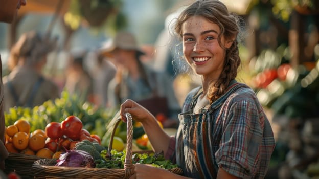 Young Woman Seller, Smiling And Holding Basket With Organic Products. A scene at a picturesque rural farmer's market.