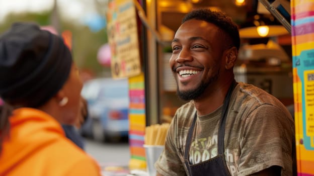 The food truck seller smiles and accepts the order from the customer, and a colorful menu flaunts behind him.