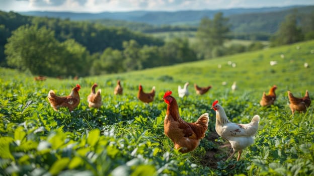 On a lush green field, chickens walk and peck freely.chicken farm